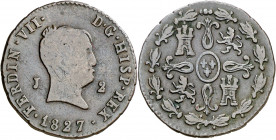 1827. Fernando VII. Jubia. 2 maravedís. (AC. 138). Tipo "cabezón". 2,58 g. BC+.