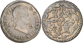 1817. Fernando VII. Segovia. 2 maravedís. (AC. 140). Rayitas. 2,39 g. BC+/MBC-.