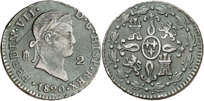 1820. Fernando VII. Segovia. 2 maravedís. (AC. 143). 2,57 g. MBC-.