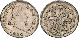 1824. Fernando VII. Segovia. 2 maravedís. (AC. 143). Atractiva. Escasa. 2,57 g. EBC-/EBC.