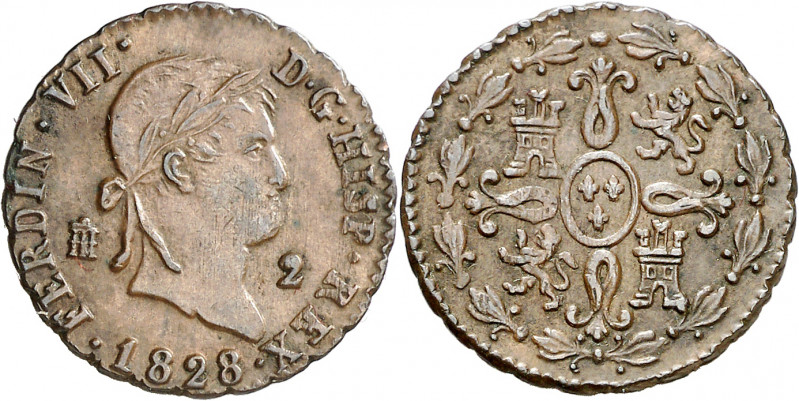 1828. Fernando VII. Segovia. 2 maravedís. (AC. 150). Atractiva. 2,39 g. EBC-/EBC...