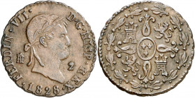 1828. Fernando VII. Segovia. 2 maravedís. (AC. 150). Atractiva. 2,39 g. EBC-/EBC.