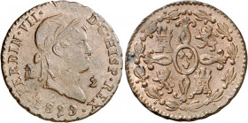 1829. Fernando VII. Segovia. 2 maravedís. (AC. 151). Leves golpecitos. 2,56 g. MBC+/EBC-.