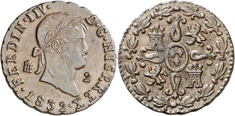 1832. Fernando VII. Segovia. 2 maravedís. (AC. 156). FERDIN IIV. Escasa. 2,49 g....