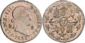 1833. Fernando VII. Segovia. 2 maravedís. (AC. 157). 2,24 g. EBC.