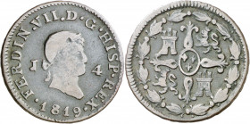 1819. Fernando VII. Jubia. 4 maravedís. (AC. 165). Escasa. 4,61 g. BC/BC+.