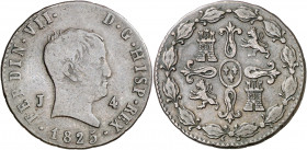 1825. Fernando VII. Jubia. 4 maravedís. (AC. 168). Tipo "cabezón". Rara, sólo hemos tenido tres ejemplares. 4,72 g. BC/BC+.