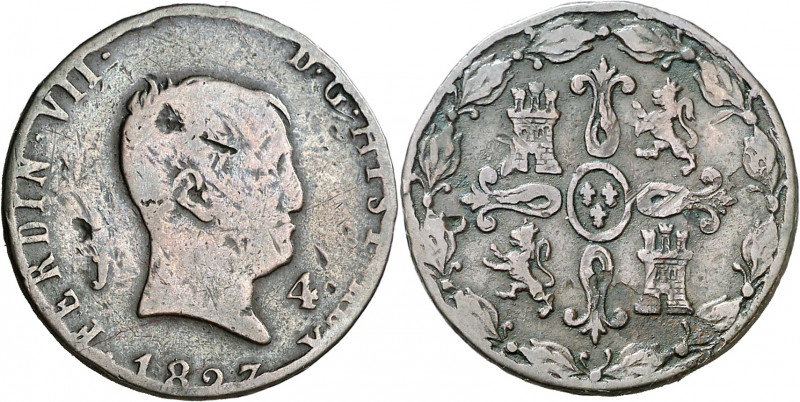 1827. Fernando VII. Jubia. 4 maravedís. (AC. 170). Tipo "cabezón". Rayas y golpe...