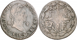 1816. Fernando VII. Segovia. 4 maravedís. (AC. 171). Golpecitos. Rara, sólo hemos tenido cinco ejemplares. 4,33 g. BC+.