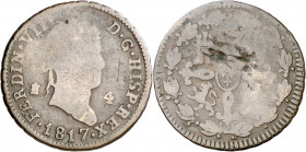 1817. Fernando VII. Segovia. 4 maravedís. (AC. 172). Rara, sólo hemos tenido cuatro ejemplares. 4,95 g. MC.