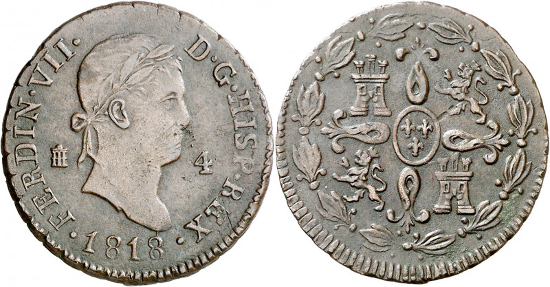 1818. Fernando VII. Segovia. 4 maravedís. (AC. 173). Escasa. 5,33 g. MBC.