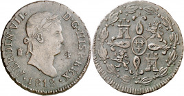 1818. Fernando VII. Segovia. 4 maravedís. (AC. 173). Escasa. 5,33 g. MBC.