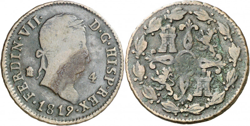 1819. Fernando VII. Segovia. 4 maravedís. (AC. 174). Escasa. 5 g. BC/BC+.