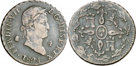 1824. Fernando VII. Segovia. 4 maravedís. (AC. 176). Escasa. 5,49 g. MBC-.