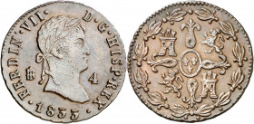 1833. Fernando VII. Segovia. 4 maravedís. (AC. 188). Buen ejemplar. 5 g. MBC+.