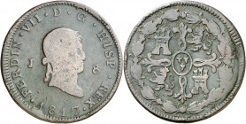 1817. Fernando VII. Jubia. 8 maravedís. (AC. 197). Primer año de busto laureado. Escasa. 9,89 g. BC-/BC.