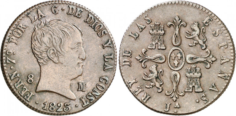 1823. Fernando VII. Jubia. 8 maravedís. (AC. 204). Tipo "cabezón". Ceca JA en re...