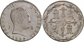1823. Fernando VII. Jubia. 8 maravedís. (AC. 206). Tipo "cabezón". Ceca J en anverso. Impurezas. Buen ejemplar. Escasa así. 10,08 g. MBC+.