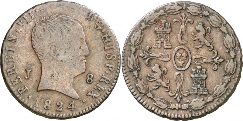 1824. Fernando VII. Jubia. 8 maravedís. (AC. 207). Tipo "cabezón". Golpecitos. 1...