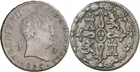 1825. Fernando VII. Jubia. 8 maravedís. (AC. 208). Tipo "cabezón". Rayitas. 11,25 g. BC+/MBC.