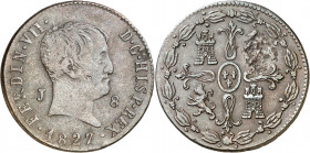 1827. Fernando VII. Jubia. 8 maravedís. (AC. 210). Tipo "cabezón". Golpecitos y defecto en reverso. 9,46 g. (BC+/MBC-).