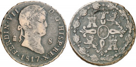 1817. Fernando VII. Segovia. 8 maravedís. (AC. 214). Rayitas. 11,62 g. BC+.