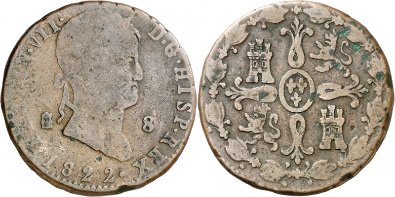 1822. Fernando VII. Segovia. 8 maravedís. (AC. 222). Golpecitos. Escasa. 10,66 g...