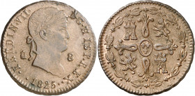 1825. Fernando VII. Segovia. 8 maravedís. (AC. 226). Parte de brillo original. Escasa así. 12,41 g. EBC-.