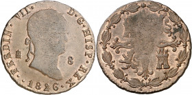 1826. Fernando VII. Segovia. 8 maravedís. (AC. 228). Acuñación floja. Parte de brillo original. 11,23 g. (MBC+).