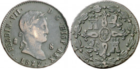1827. Fernando VII. Segovia. 8 maravedís. (AC. 230). 10,83 g. BC+/MBC-.