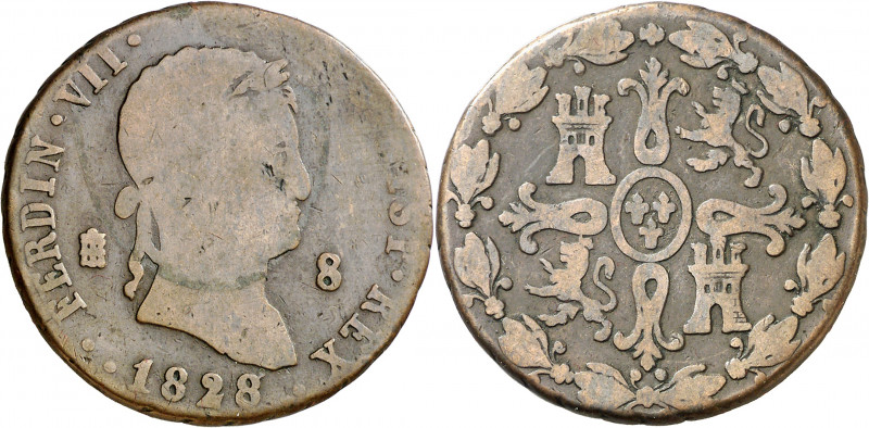 1828. Fernando VII. Segovia. 8 maravedís. (AC. 231). Acuñación muy floja. Escasa...