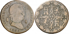 1828. Fernando VII. Segovia. 8 maravedís. (AC. 231). Acuñación muy floja. Escasa. 11,63 g. (BC).