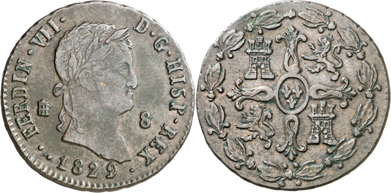 1829/7. Fernando VII. Segovia. 8 maravedís. (AC. 232). Escasa. 10,94 g. MBC-/MBC...