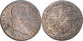 1831. Fernando VII. Segovia. 8 maravedís. (AC. 236). Vano y golpes. 12,50 g. MBC-/MBC.