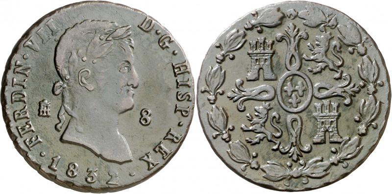 1832. Fernando VII. Segovia. 8 maravedís. (AC. 238). 12,32 g. MBC/MBC+.