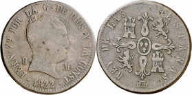 1822. Fernando VII. Segovia. 8 maravedís. (AC. 240). Tipo "cabezón". Ceca en reverso. Escasa. 11,69 g. BC-/BC.