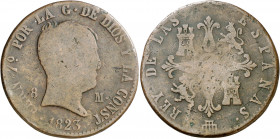 1823. Fernando VII. Segovia. 8 maravedís. (AC. 241). Tipo "cabezón". Ceca en reverso. Acuñación descuidada. Escasa. 10,55 g. BC-.