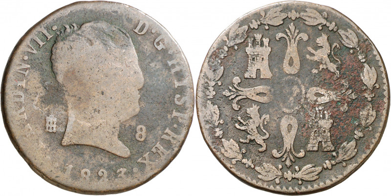 1823. Fernando VII. Segovia. 8 maravedís. (AC. 242). Tipo "cabezón". Ceca en anv...
