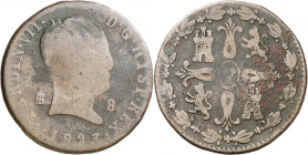 1823. Fernando VII. Segovia. 8 maravedís. (AC. 242). Tipo "cabezón". Ceca en anverso. Escasa. 9,88 g. MC.