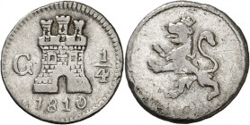 1810. Fernando VII. Guatemala. 1/4 de real. (AC. 244). Rayitas y golpecitos en reverso. 0,76 g. MBC-/BC+.