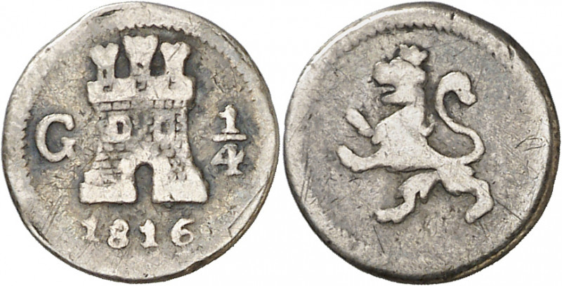 1816. Fernando VII. Guatemala. 1/4 de real. (AC. 253). Ex Áureo 21/05/1996, nº 2...