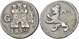 1819. Fernando VII. Guatemala. 1/4 de real. (AC. 256). Golpecitos. Contramarca en reverso. Ex Colección Monterrey, Áureo 03/03/1999, nº 49. 0,78 g. MB...