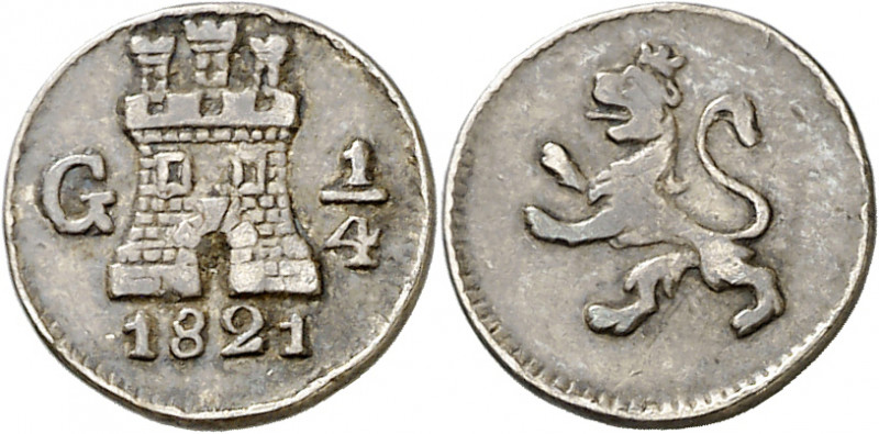 1821. Fernando VII. Guatemala. 1/4 de real. (AC. 258). Golpecitos. 0,86 g. MBC.