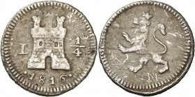 1816. Fernando VII. Lima. 1/4 de real. (AC. 267). 0,79 g. MBC-.