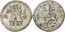 1816. Fernando VII. Popayán. 1/4 de real. (AC. 283) (Restrepo 101-1). Manchitas. Escasa. 0,58 g. MBC.