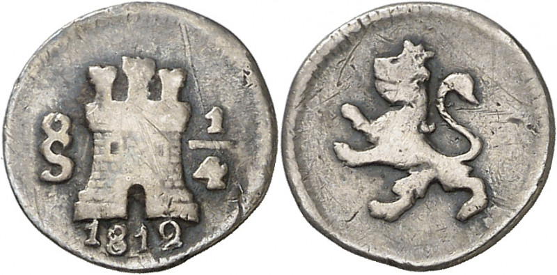 1812. Fernando VII. Santiago. 1/4 de real. (AC. 303). Rayitas. Ex Colección de "...