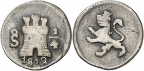 1812. Fernando VII. Santiago. 1/4 de real. (AC. 303). Rayitas. Ex Colección de "cuartillos", Áureo 17/12/2002, nº 1337. Escasa. 0,73 g. BC+/MBC-.