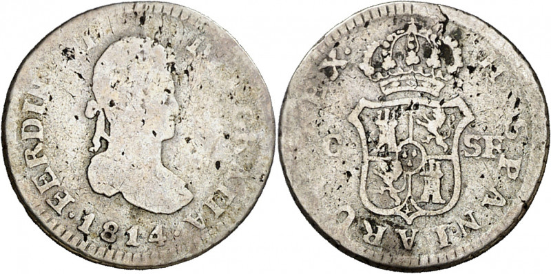 1814. Fernando VII. Catalunya (Mallorca). SF. 1/2 real. (AC. 320). Impurezas. Ex...