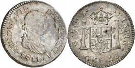 1811. Fernando VII. Guatemala. M. 1/2 real. (AC. 332). Mínima hojita. Precioso color. Parte de brillo original. Escasa así. 1,75 g. EBC.
