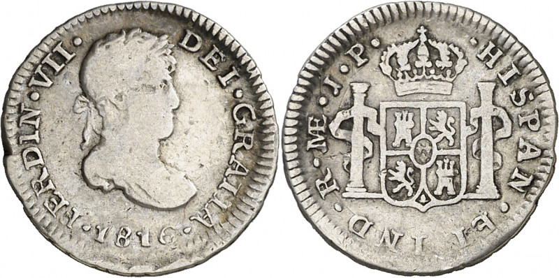 1816. Fernando VII. Lima. JP. 1/2 real. (AC. 359). Defecto en canto. 1,69 g. BC/...